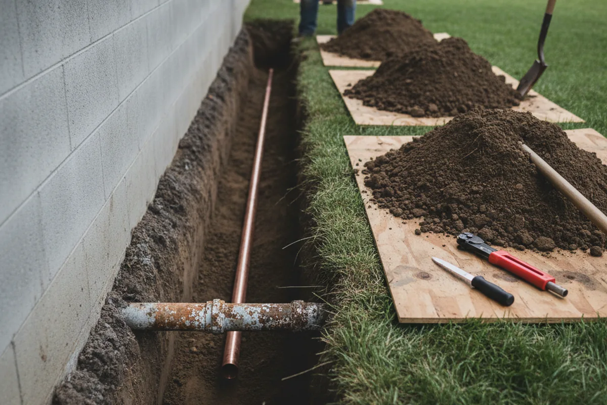 Excavated water line trench during Water Softener Installation in Friendswood